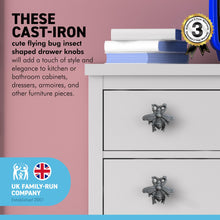 Load image into Gallery viewer, Pack of 2 CAST IRON CUTE FLYING BUG INSECT SHAPED DRAWER KNOBS for Kitchen cupboards | Cast Iron Antique style finish | Vintage charm meets modern functionality | 4.5cm wide x 2cm depth | Draw cabinet pull knob.