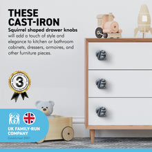 Load image into Gallery viewer, Pack of 4 CAST IRON SQUIRREL SHAPED DRAWER KNOBS for Kitchen cupboards | Cast Iron Antique style finish | Vintage charm meets modern functionality | 4cm wide x 2cm depth | Draw cabinet pull knob.
