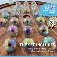 Load image into Gallery viewer, 30cm Diameter WOODEN SOLITAIRE BOARD GAME with SOAP BUBBLE CLEAR PEARLESCENT GLASS MARBLES | classic wooden solitaire game | strategy board game | family board game | games for one | board games