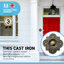 Load image into Gallery viewer, Cast iron traditional Quatrefoil shape Doorbell Push Button |10cm x 10cm | Brass push button with cast iron surround | Vintage style door bell push