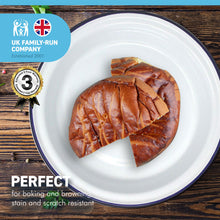 Load image into Gallery viewer, White 20cm diameter ROUND ENAMEL PIE DISH WITH NAVY BLUE EDGING | tableware | metal outdoor camping roasting oven dishes