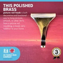 Load image into Gallery viewer, POLISHED BRASS PICTURE RAIL HOOK 2 Inches / 50mm | Victorian Fittings | Victorian House | Picture Hook | Dado picture rail | picture rail hangers | picture hook no nails |
