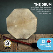 Load image into Gallery viewer, Shamanic Tribal Sami hand drum with wooden beater | frame drum | medicine | Indonesian Pagan Hand Drum | wooden frame | weaved handles at the rear | deep resonant tone