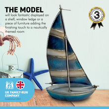 Load image into Gallery viewer, DECORATIVE MODEL METAL BERMUDA STYLE RIGGED ORNAMENTAL YACHT | Striped sails | 17cm (L) x 26cm (H) | Ready for display |Perfect for a nautical themed bathroom