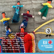 Load image into Gallery viewer, Set of 5 Mini-Guatemalan handmade Worry Dolls with a colourful crafted storage bag | Worry Dolls for Girls | Worry Dolls For Boys | Anxiety Dolls | Worry Doll | Guatamalan Doll