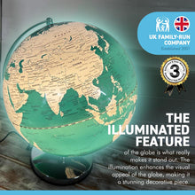 Load image into Gallery viewer, 30cm diameter Turquoise Oceans illuminated globe with sturdy metal base | Interactive study globe | illuminated globes of earth | 30cm (w) x 40cm (h) | Illuminated globe for Children and Adults.
