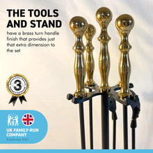Load image into Gallery viewer, Large brass handled metal 5-piece fireside companion set | Fire companion sets | includes stand, brush, tongs, poker, and shovel | 63cm high
