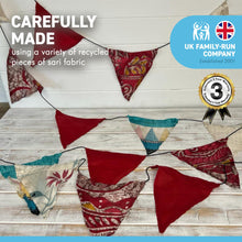 Load image into Gallery viewer, Recycled Sari Fabric RECYCLED SARI FABRIC BUNTING | Red colours | 5m long | Garland for Garden Wedding Birthday Indoor Outdoor Party Decoration Festival | Diwali bunting | Bohemian Bunting- Deep Reds 5m Long Festival Flags- Garland - Party Decoration

