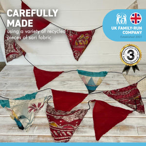 Recycled Sari Fabric RECYCLED SARI FABRIC BUNTING | Red colours | 5m long | Garland for Garden Wedding Birthday Indoor Outdoor Party Decoration Festival | Diwali bunting | Bohemian Bunting- Deep Reds 5m Long Festival Flags- Garland - Party Decoration