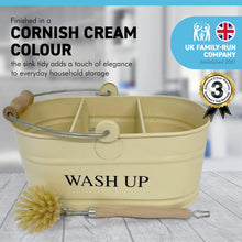 Load image into Gallery viewer, Cornish cream colour kitchen sink enamel washing up sink tidy with wooden handled brush
