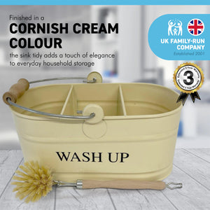 Cornish cream colour kitchen sink enamel washing up sink tidy with wooden handled brush