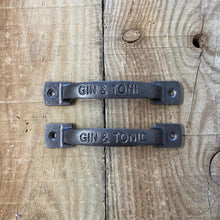 Load image into Gallery viewer, Two Cast iron antique square D Gin and Tonic table plate handle bar / home bar / home pub / pub shed / pub gift