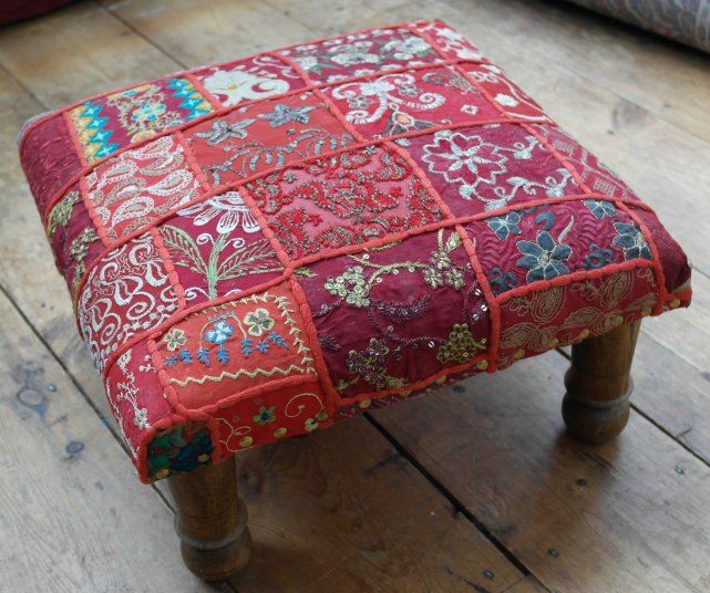 Classic patchwork brocade Indian footstool maroon