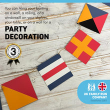 Load image into Gallery viewer, Wooden maritime signal flags bunting | Set of 12 flags 9cm x 9cm | Overall length 160cm | Naval Themed Decoration Pennant Banners for Home | Boat | Ship | Vessel | Birthday Indoor Outdoor Party
