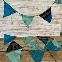 Load image into Gallery viewer, Recycled Sari Fabric Bunting- Aqua- Festival Flags- Garland - Party Decoration - Wedding/ Birthday celebrations - 5m long.
