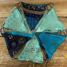 Load image into Gallery viewer, Recycled Sari Fabric Bunting- Aqua- Festival Flags- Garland - Party Decoration - Wedding/ Birthday celebrations - 5m long.