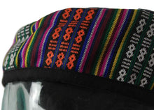 Load image into Gallery viewer, Blue Tibetan Trim smoking / thinking / lounging cap with multicoloured  band Size Large
