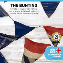 Load image into Gallery viewer, RECYCLED SARI FABRIC BUNTING | Navy Blue colours | 5m long | Garland for Garden Wedding Birthday Indoor Outdoor Party Decoration Festival | Diwali bunting | Bohemian Bunting | Fair Trade