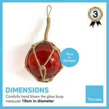 Load image into Gallery viewer, DEEP RED GLASS FISHING FLOAT ORNAMENTAL SEA BUOY | hand blown | nautical seafaring fishing rustic décor | 10cm diameter | with rustic brown string netting and hanging loop
