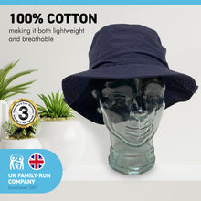 Load image into Gallery viewer, NAVY BLUE 58CM SHOWERPROOF BRIMMED TRILBY BUCKET STYLE HAT | Water-Repellent Bucket style Hat | 100% cotton | lightweight and breathable |foldable | Elasticated toggle for adjustable size