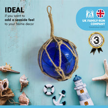 Load image into Gallery viewer, OCEAN BLUE GLASS FISHING FLOAT ORNAMENTAL SEA BUOY | hand blown | nautical seafaring fishing rustic décor | 10cm diameter | with rustic brown string netting and hanging loop | Japanese style glass fishing floats