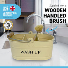 Load image into Gallery viewer, Cornish cream colour kitchen sink enamel washing up sink tidy with wooden handled brush
