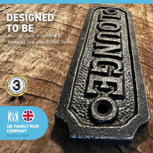 Load image into Gallery viewer, Cast Iron Antique Style LOUNGE PLAQUE SIGN |sitting room | drawing room | home décor | door sign | Guest House | Kitchen | Farmhouse | Pub | old style Period Plaque |11cm x 3.4cm