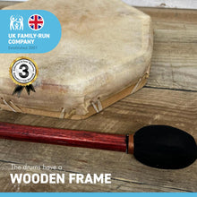 Load image into Gallery viewer, Shamanic Tribal Sami hand drum with wooden beater | frame drum | medicine | Indonesian Pagan Hand Drum | wooden frame | weaved handles at the rear | deep resonant tone