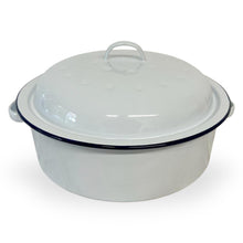 Load image into Gallery viewer, White 26cm diameter enamel roaster with navy blue edging | supplied with matching lid  | Tableware | casserole roasting oven dishes | Traditional classic style | baking bakeware