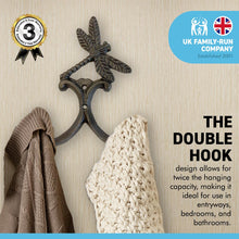 Load image into Gallery viewer, Cast Iron Dragonfly Double Robe Hook | Cloakroom Hook | Decorative Double Hook |Height 130mm x Width 100mm x Depth 30mm | Fixing Screws Supplied