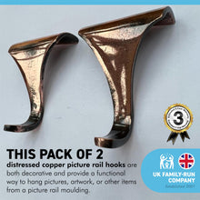 Load image into Gallery viewer, Pack of 2 DISTRESSED COPPER PICTURE RAIL HOOK 2 inches / 50mm | Victorian Fittings | Victorian House | Picture Hook | Dado picture rail | picture rail hangers