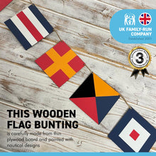 Load image into Gallery viewer, Wooden maritime signal flags bunting | Set of 12 flags 9cm x 9cm | Overall length 160cm | Naval Themed Decoration Pennant Banners for Home | Boat | Ship | Vessel | Birthday Indoor Outdoor Party
