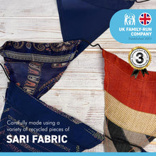 Load image into Gallery viewer, RECYCLED SARI FABRIC BUNTING | Navy Blue colours | 5m long | Garland for Garden Wedding Birthday Indoor Outdoor Party Decoration Festival | Diwali bunting | Bohemian Bunting | Fair Trade
