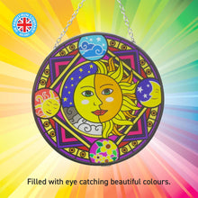 Load image into Gallery viewer, Glass sun catcher with sun and moon design with four seasons border | 150mm diameter with chain for hanging | colour catcher | window decoration | perfect for conservatory | living rooms | garden