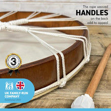 Load image into Gallery viewer, Large 50cm diameter Shamanic Sami hand drum with wooden beater | frame drum | medicine | Viking / Pagan Hand Drum | wooden frame | rope weaved handles at the rear | deep resonant tone