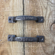 Load image into Gallery viewer, Two Cast iron antique square D Gin and Tonic table plate handle bar / home bar / home pub / pub shed / pub gift