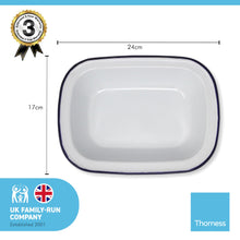 Load image into Gallery viewer, White 24cm oblong enamel Pie Dish with navy blue edging