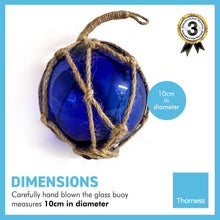 Load image into Gallery viewer, OCEAN BLUE GLASS FISHING FLOAT ORNAMENTAL SEA BUOY | hand blown | nautical seafaring fishing rustic décor | 10cm diameter | with rustic brown string netting and hanging loop | Japanese style glass fishing floats
