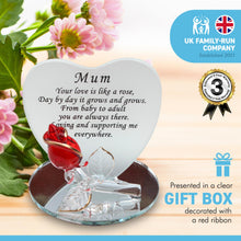 Load image into Gallery viewer, Frosted Glass Heart shaped Plaque with heartfelt moving verse for Mum | Unique gift for your mother | Includes red glass rose with gold edging on a mirror plinth | Gift Boxed with matching ribbon