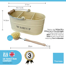 Load image into Gallery viewer, Cornish cream colour kitchen sink enamel washing up sink tidy with wooden handled brush
