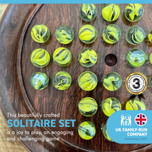 Load image into Gallery viewer, 22cm Diameter WOODEN SOLITAIRE BOARD GAME with BRILLIANT YELLOW GLASS MARBLES