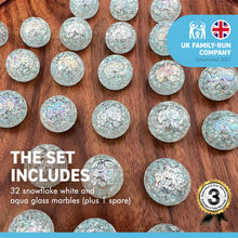 Load image into Gallery viewer, 30cm Diameter WOODEN SOLITAIRE BOARD GAME with SNOWFLAKE WHITE and AQUA GLASS MARBLES | |classic wooden solitaire game | strategy board game | family board game | games for one | board games