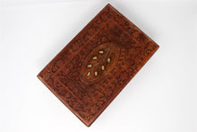 Load image into Gallery viewer, Large Carved Pattern Wood Treasure Chest Trinket Box Brass Inlay