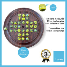 Load image into Gallery viewer, 22cm Diameter WOODEN SOLITAIRE BOARD GAME with BRILLIANT YELLOW GLASS MARBLES