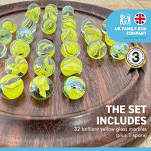 Load image into Gallery viewer, 22cm Diameter WOODEN SOLITAIRE BOARD GAME with BRILLIANT YELLOW GLASS MARBLES