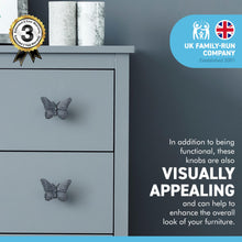 Load image into Gallery viewer, 4 x CAST IRON BUTTERFLY SHAPED DRAWER KNOBS for Kitchen cupboards | Cast Iron Antique style finish | Vintage charm meets modern functionality | 5cm wide x 2cm depth | Draw cabinet pull knob.