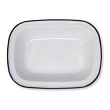 Load image into Gallery viewer, White 20cm long oval enamel Pie Dish with navy blue edging | Bring traditional style to your table
