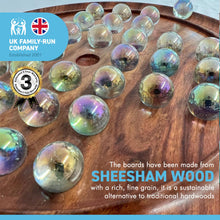 Load image into Gallery viewer, 30cm Diameter WOODEN SOLITAIRE BOARD GAME with SOAP BUBBLE CLEAR PEARLESCENT GLASS MARBLES | classic wooden solitaire game | strategy board game | family board game | games for one | board games