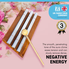 Load image into Gallery viewer, Indonesian three key Aura Chime on wooden base | 3 solid metal chimes | supplied with wooden beater | Sound Therapy | Space Clearing | Feng Shui | Zenergy Trio chime | Three bar aura chime | Energy Chime