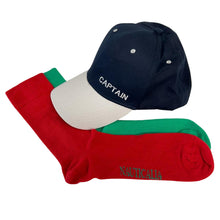 Load image into Gallery viewer, CAPTAIN BASEBALL CAP and PAIR of NAUTICAL cotton rich woven SOCKS
